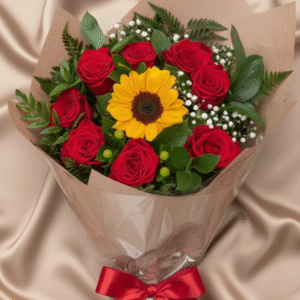 Buquê Girassol com Rosas Vermelhas