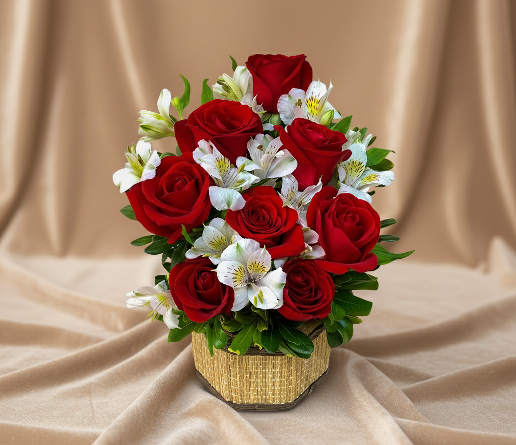 Aranjos de Rosas Vermelhas e Astromelias